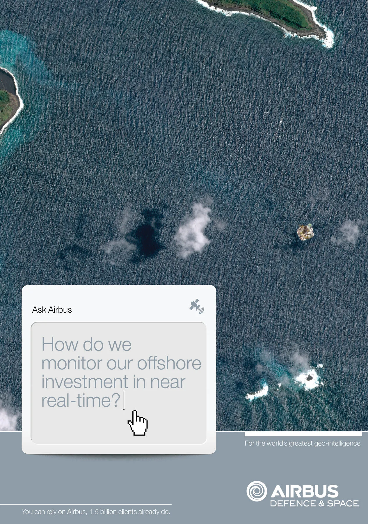 Satellite image of the ocean with the question ‘How do we monitor our offshore investment in near real-time?’