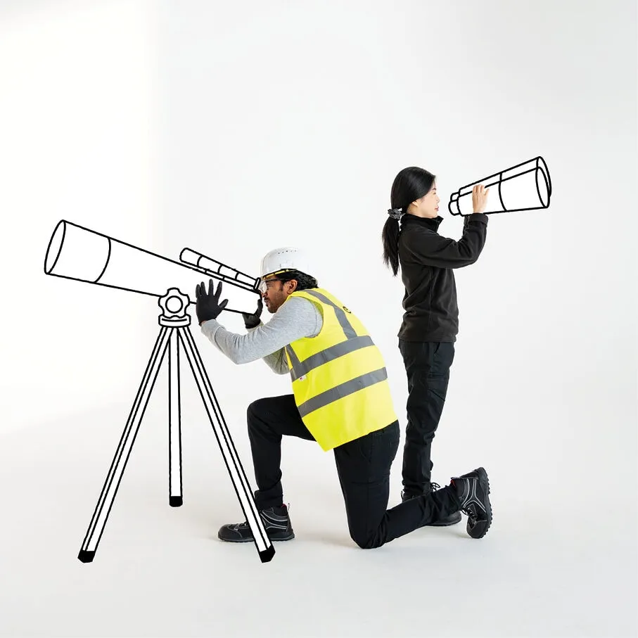 Two workers in hi-vis with a telescope