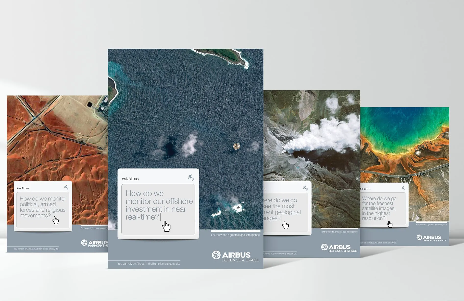 Airbus Defence and Space brochure spread with aerial and satellite imagery
