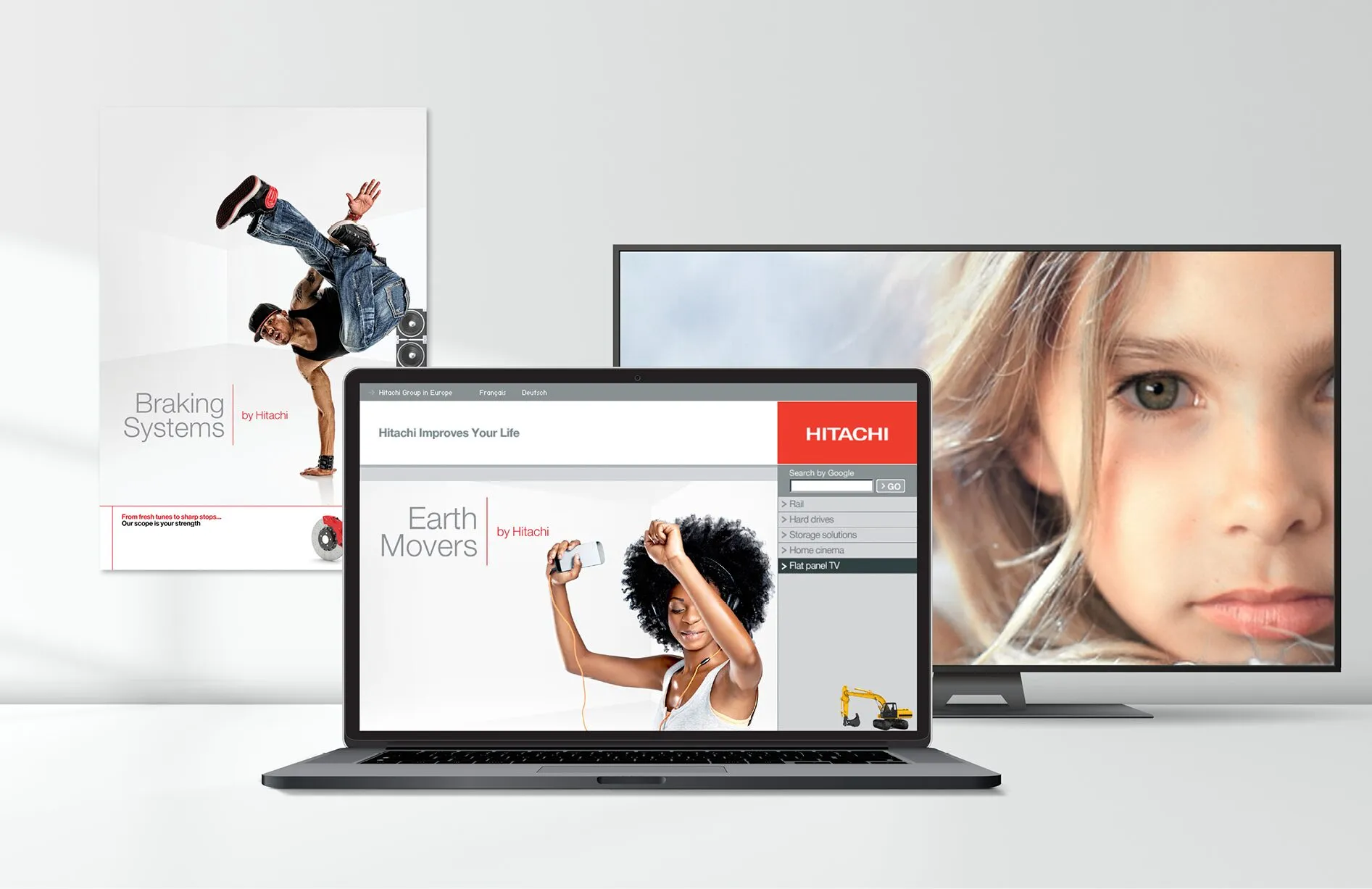 Hitachi Europe-wide campaign assets including a Braking Systems poster and Earth Movers laptop screen