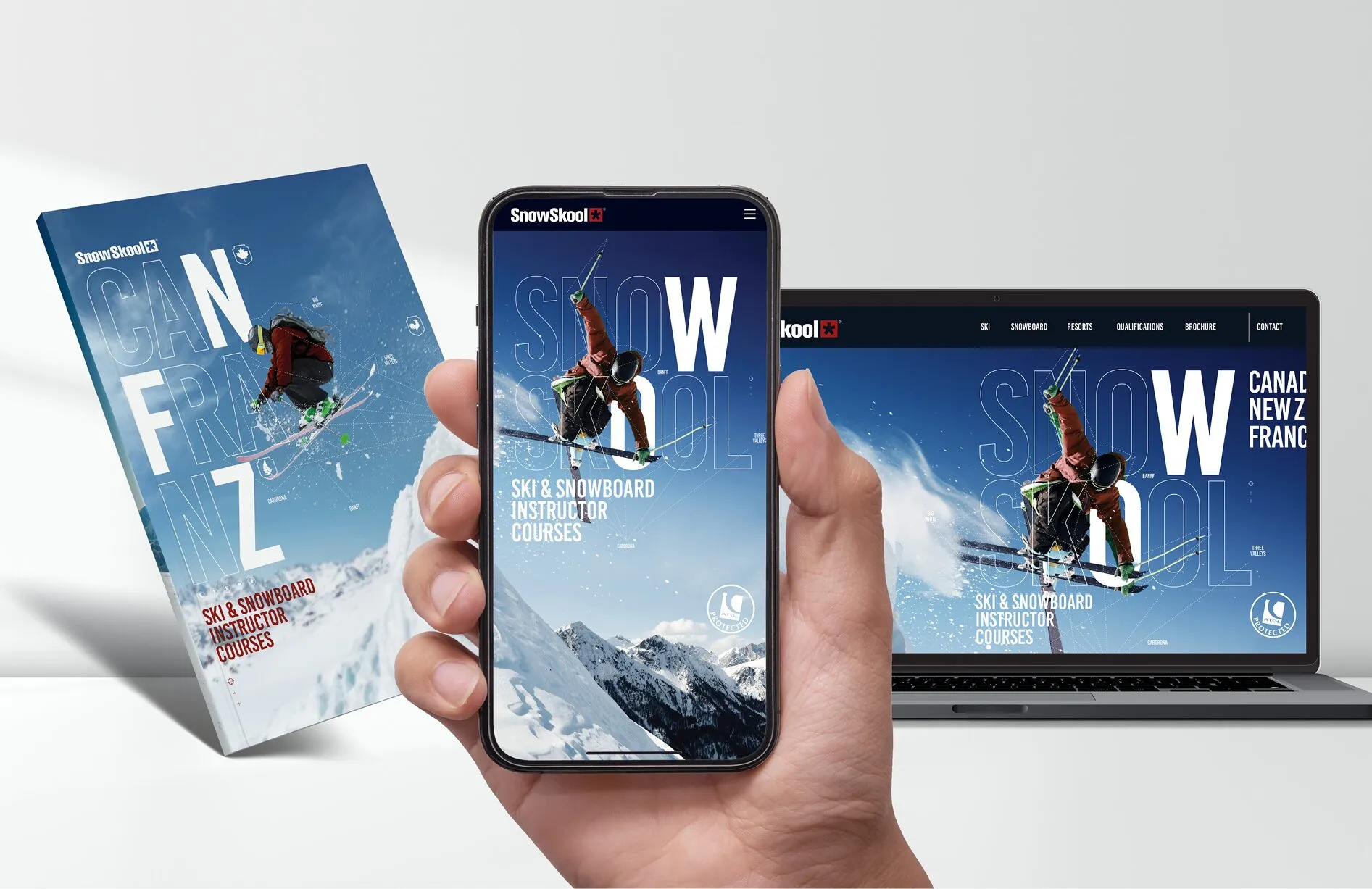 SnowSkool brochure, mobile and laptop with skiing imagery and bold typography