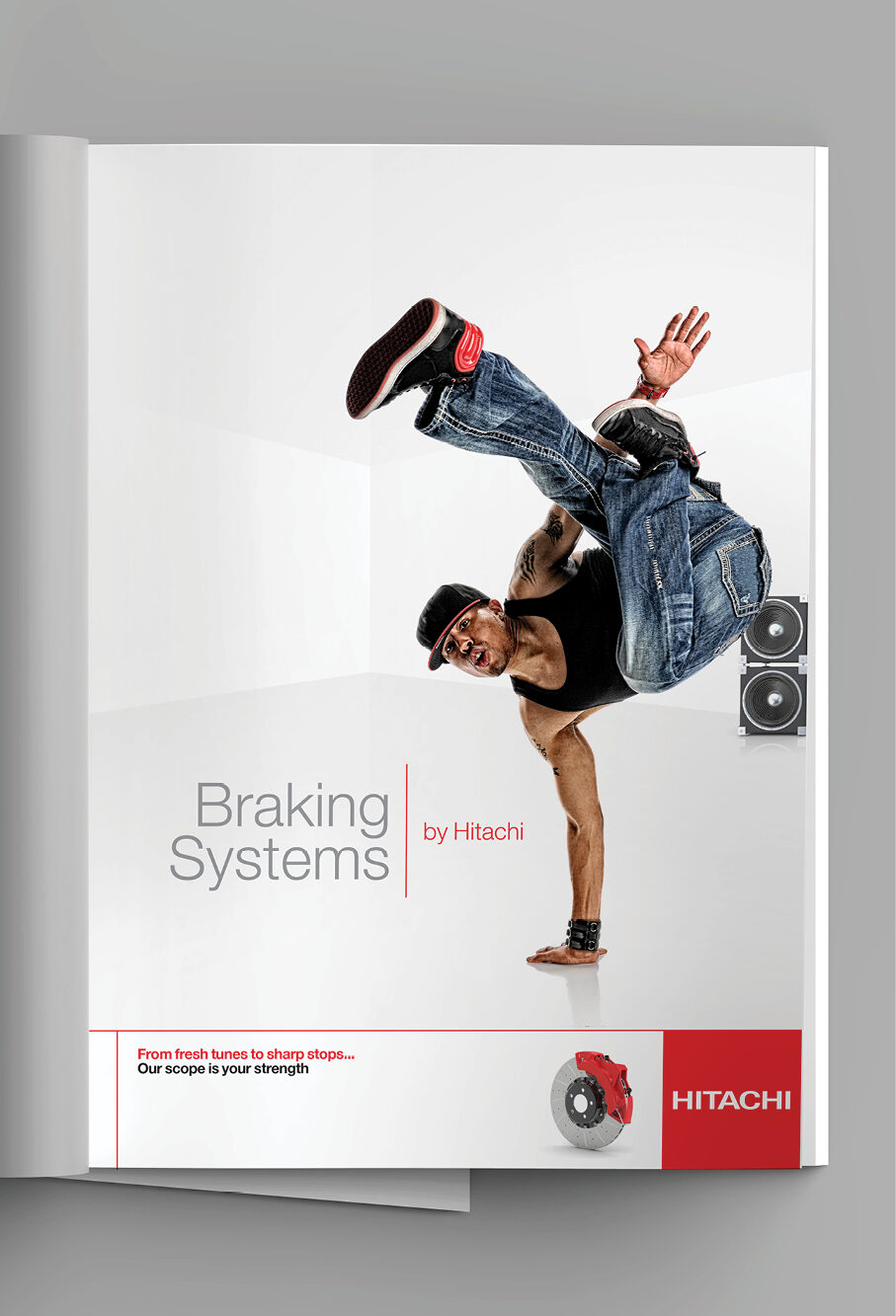 ‘Braking Systems by Hitachi’ advert featuring a breakdancer