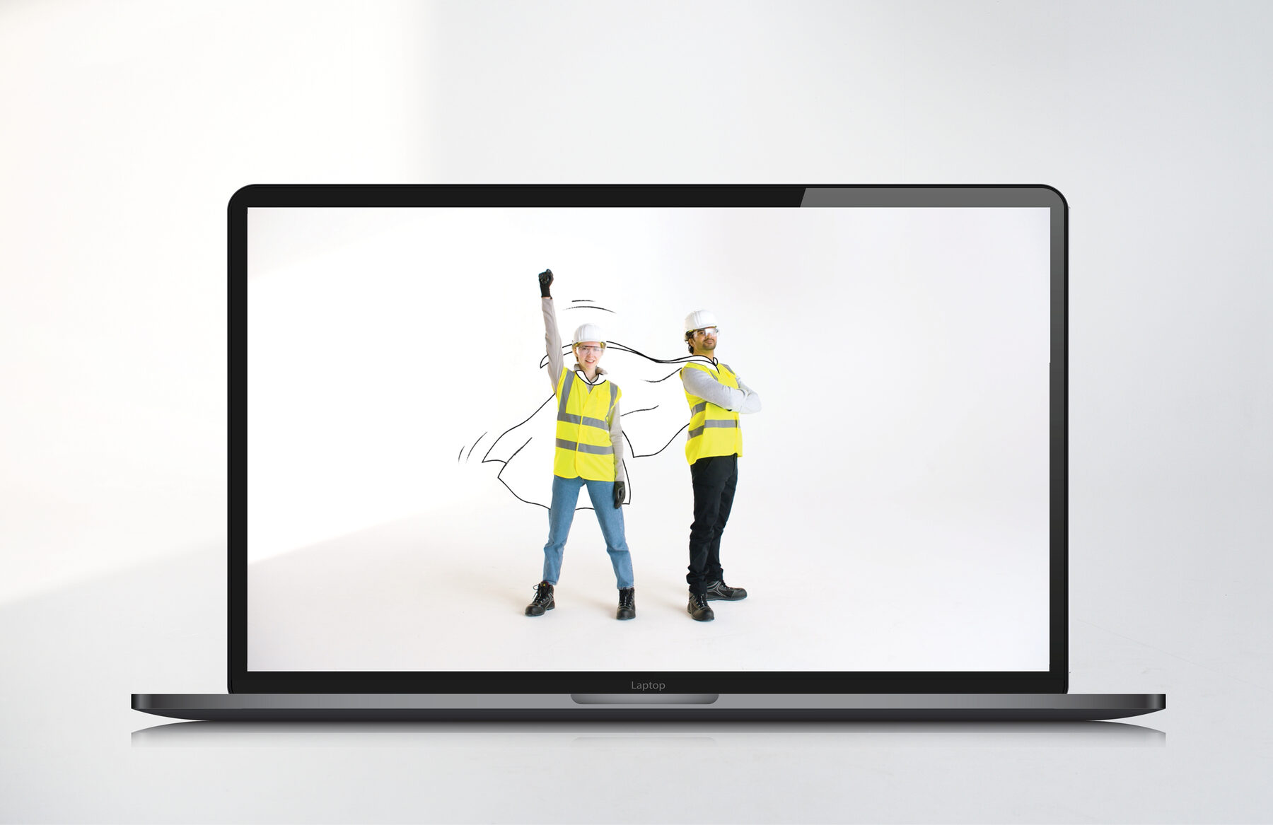 A laptop showing two hi-vis workers, one wearing an illustrated cape