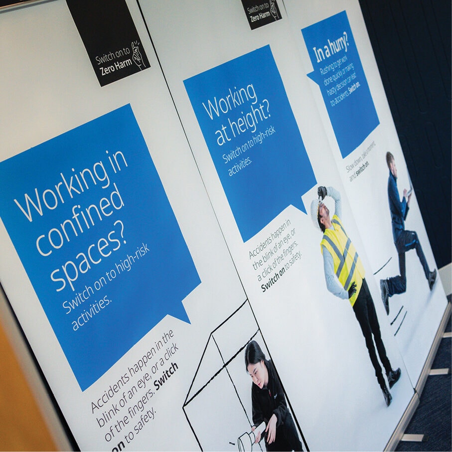 A display of Zero Harm campaign posters