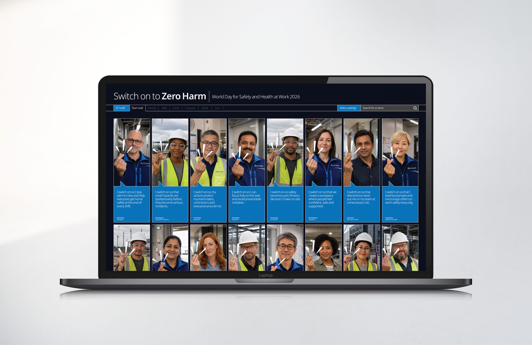 A laptop showing the global selfie pledge wall for World Day for Safety and Health at Work