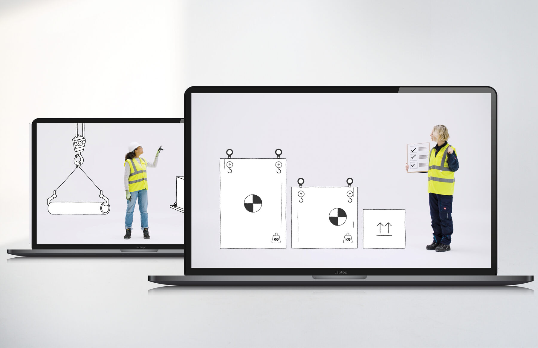 Laptops showing high-risk activity safety illustrations beside a worker in hi-vis