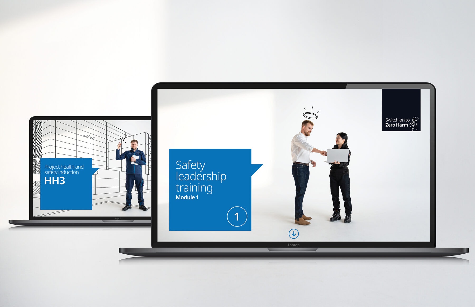 Laptops showing the Safety leadership training and HH3 health and safety induction e-learning